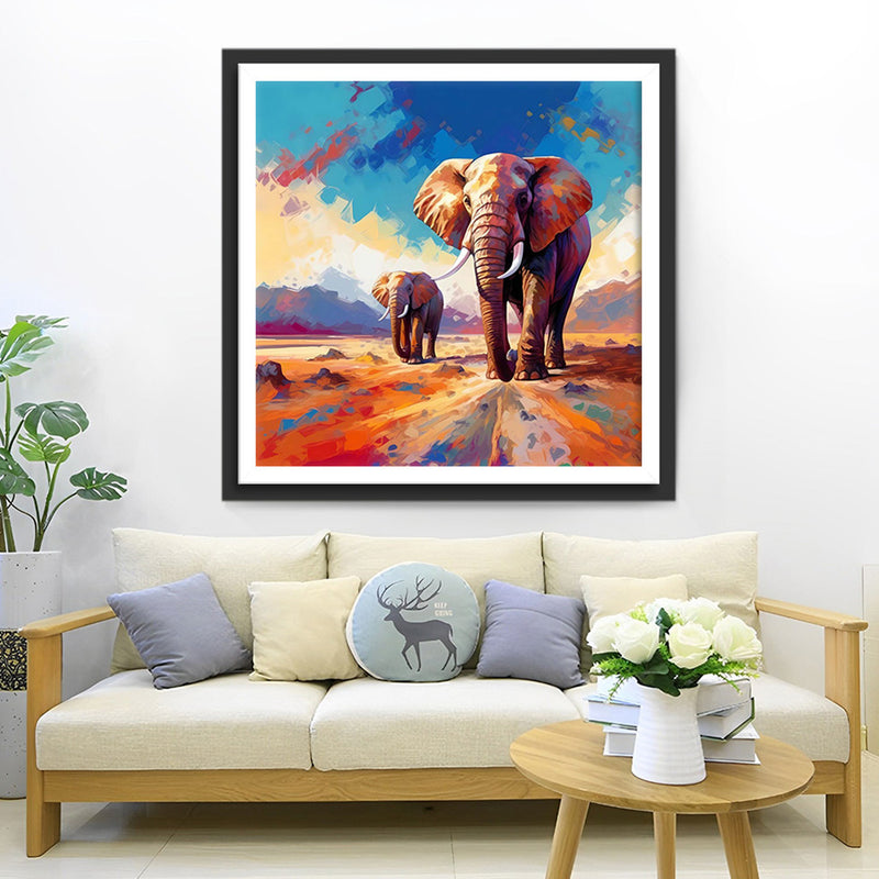 elephante et Bébé sur la Route de Montagne Broderie Diamant