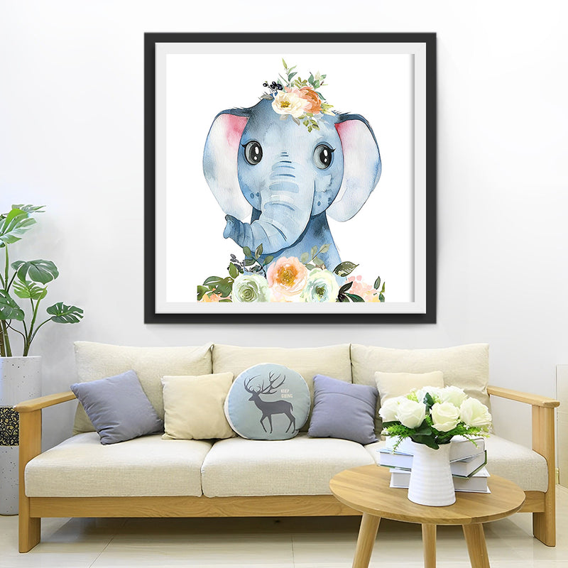elephanteau Souriant et Fleurs Broderie Diamant