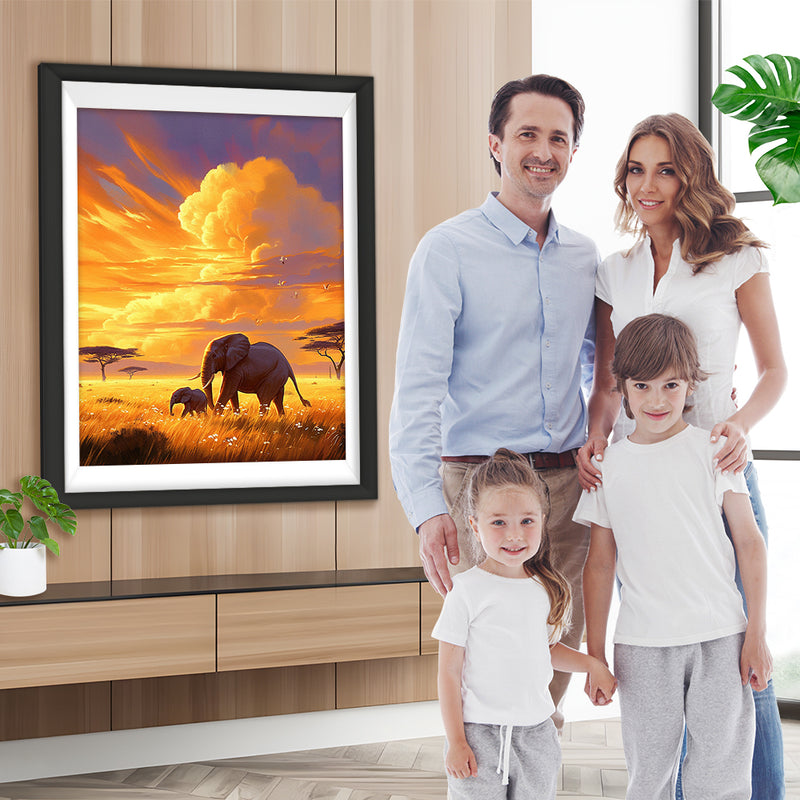 Éléphants au Coucher du Soleil Broderie Diamant
