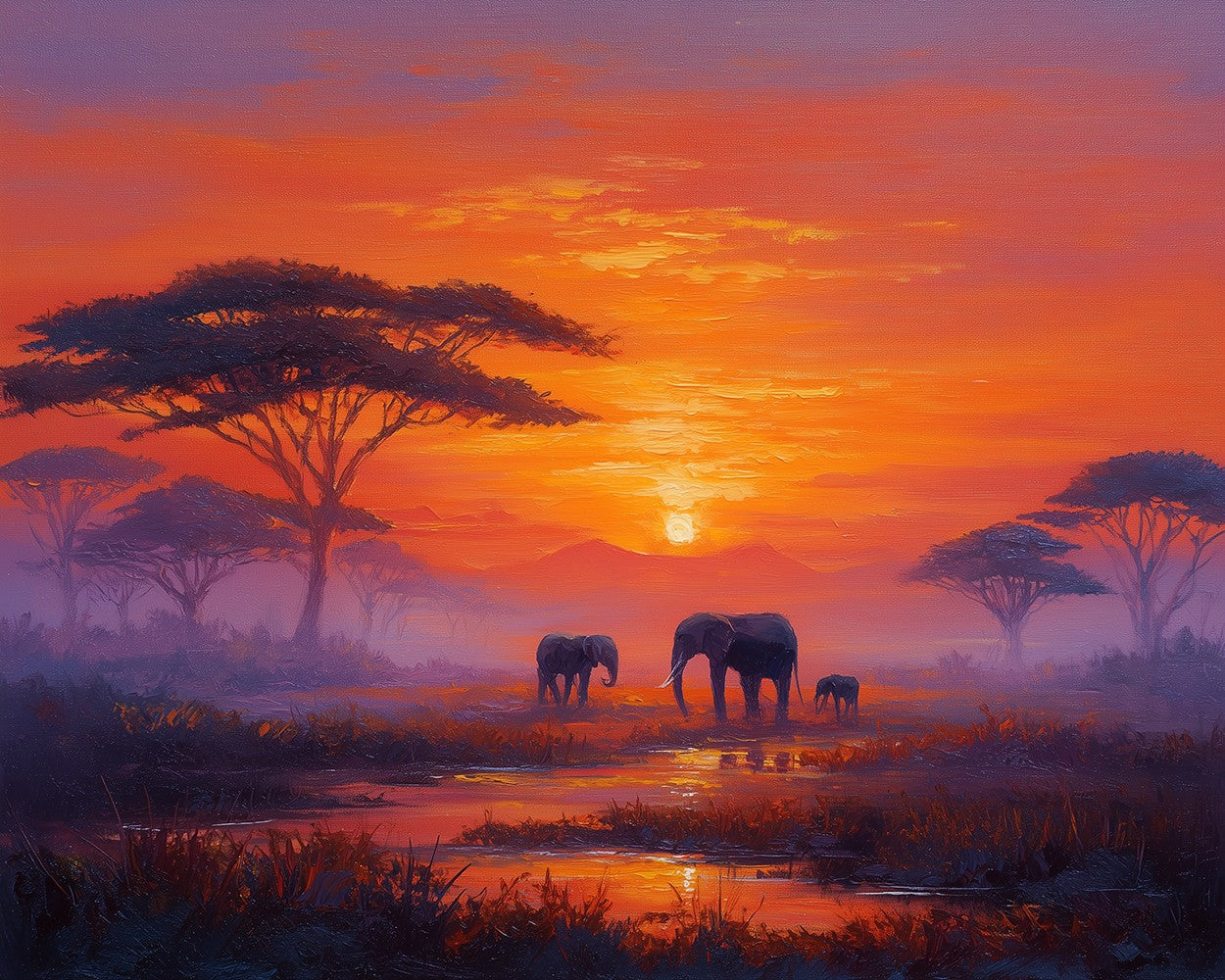 Éléphants dans la Savane Africaine au Coucher du Soleil Broderie Diamant