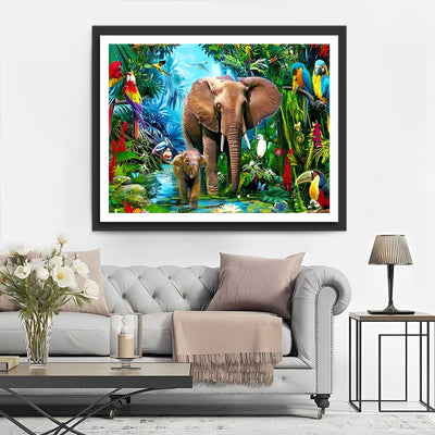 elephants et Perroquets dans la Forêt Tropicale Broderie Diamant