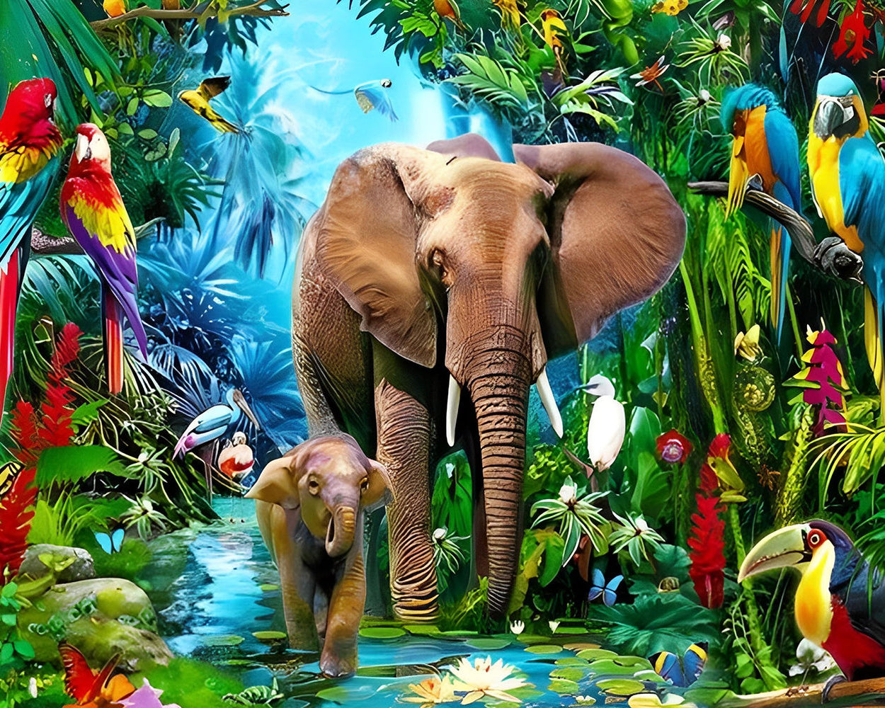 elephants et Perroquets dans la Forêt Tropicale Broderie Diamant