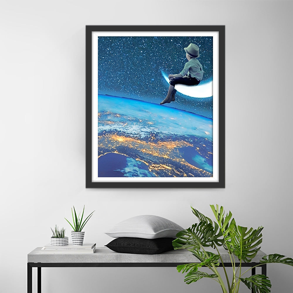 Enfant, Lune et Espace Broderie Diamant