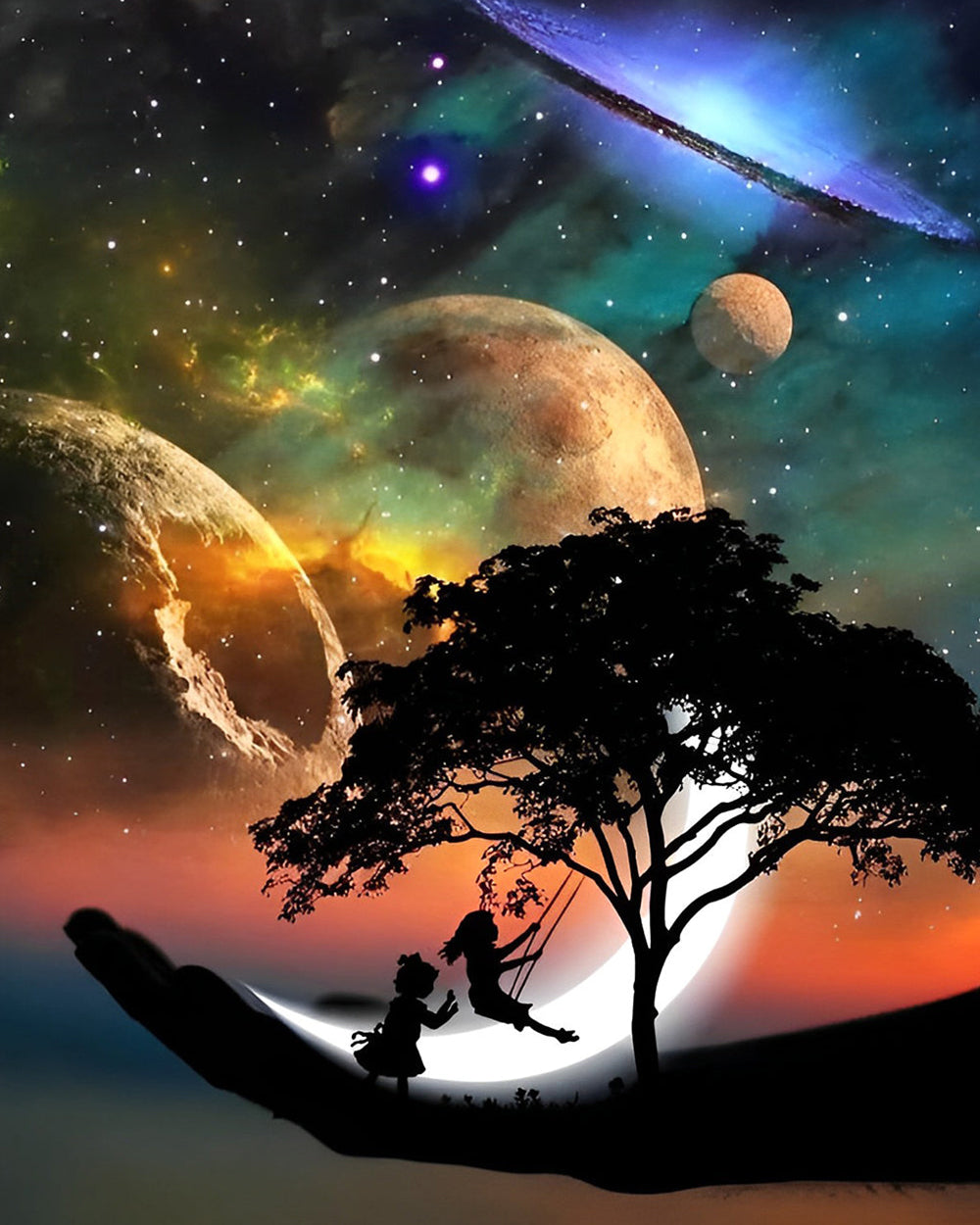 Enfants sur des Balancoires sous les Planètes Broderie Diamant