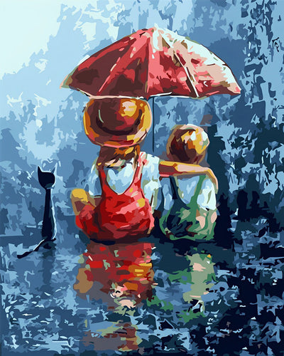 Enfants Tenant un Parapluie Rouge Broderie Diamant