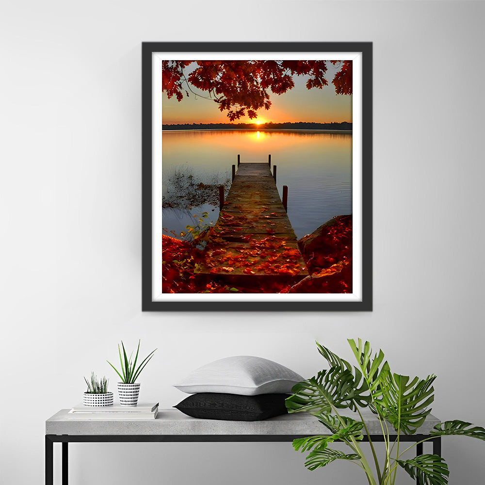 Érables Rouges et Pont en Bois au Coucher du Soleil Broderie Diamant