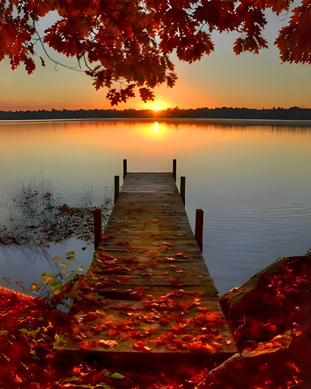 Érables Rouges et Pont en Bois au Coucher du Soleil Broderie Diamant