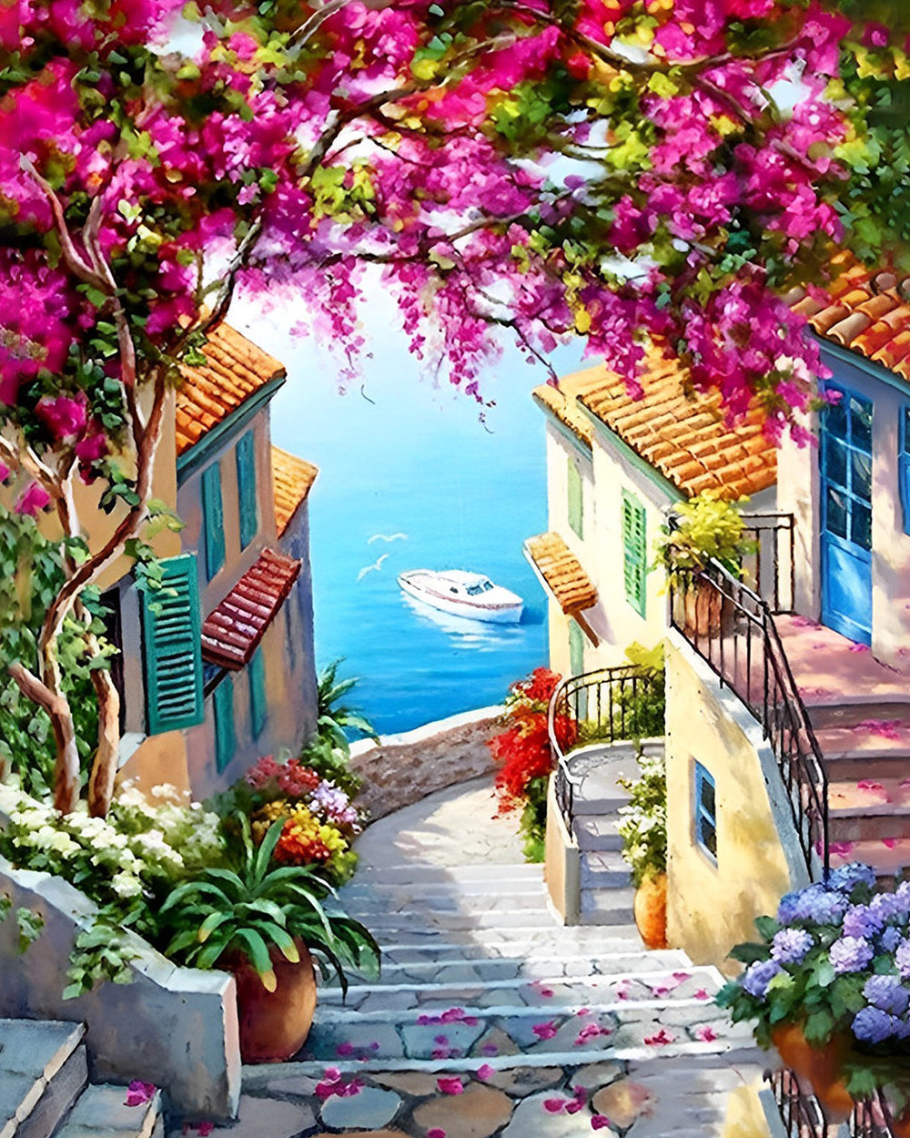 Escaliers de la Ville Côtière et Arbre Fleur Broderie Diamant