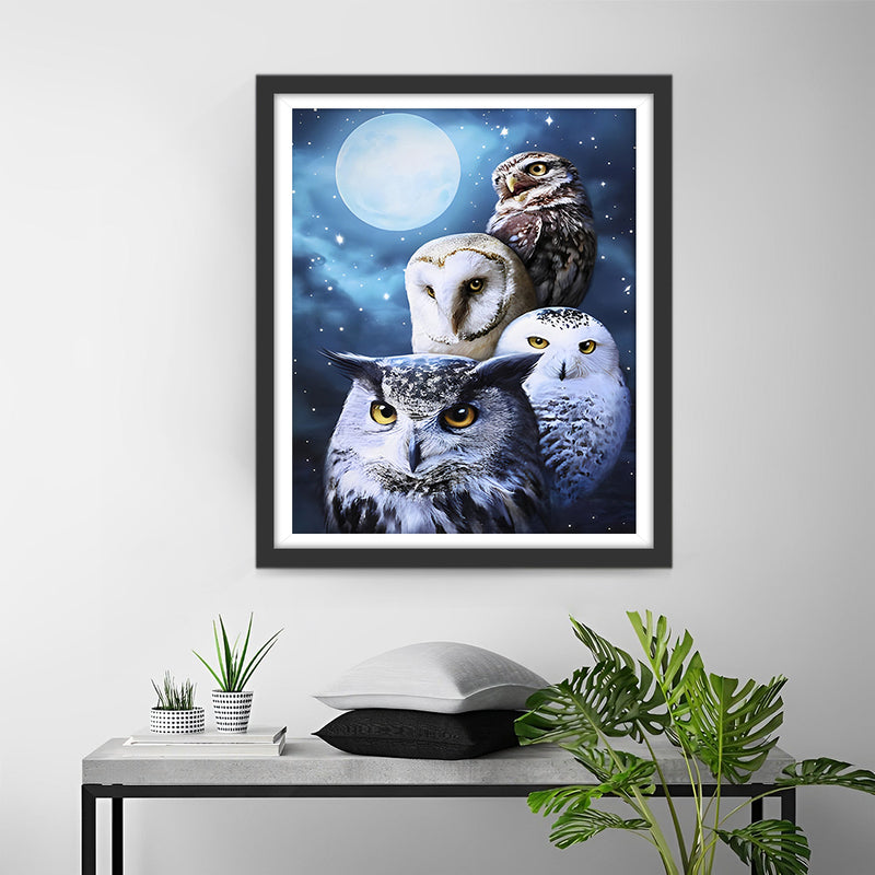 Famille de Chouettes et Pleine Lune Broderie Diamant