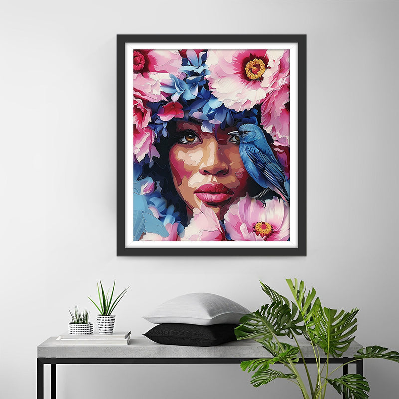 Femme Africaine, Fleurs et Oiseau Bleu Broderie Diamant