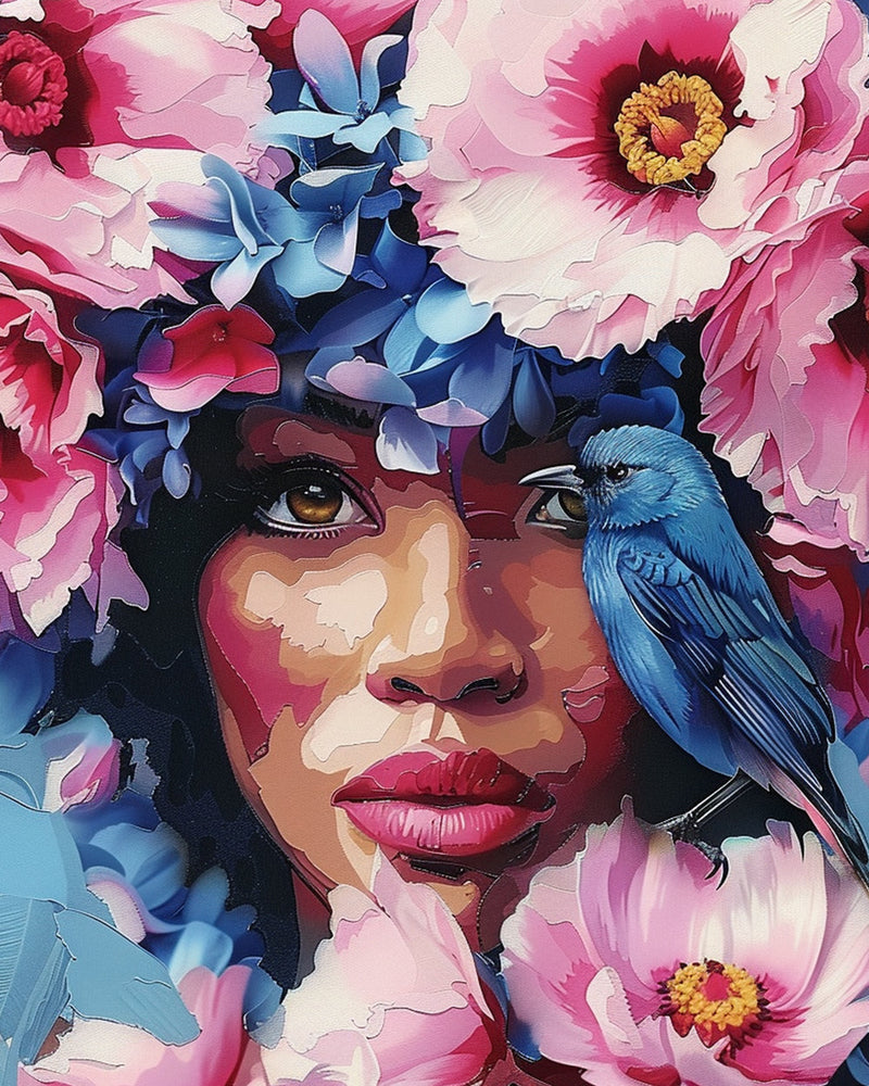 Femme Africaine, Fleurs et Oiseau Bleu Broderie Diamant