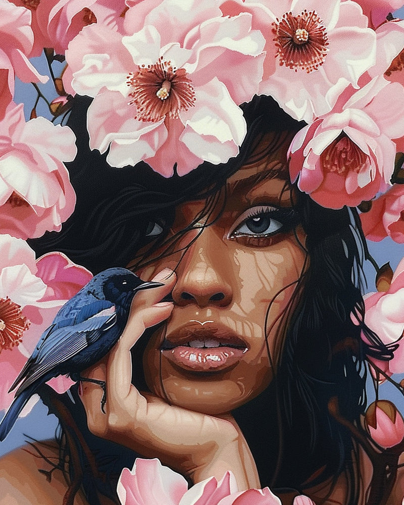 Femme Africaine, Fleurs Roses et Oiseau Bleu Broderie Diamant
