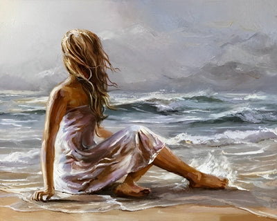 Femme Assise sur la Plage Broderie Diamant