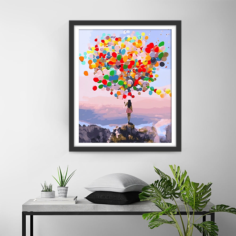 Femme avec des Ballons Colorés sur la Montagne Broderie Diamant