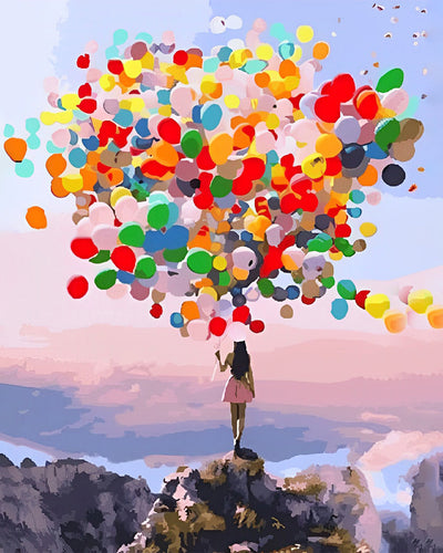 Femme avec des Ballons Colorés sur la Montagne Broderie Diamant