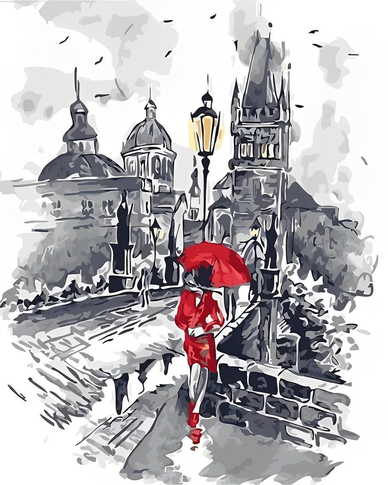 Femme avec Parapluie Rouge en Ville Broderie Diamant