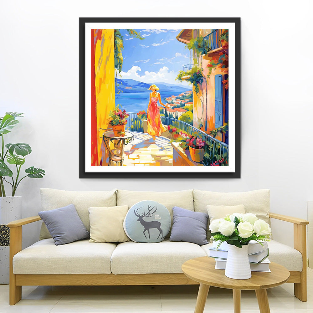 Femme en Vacances dans une Ville Côtière Broderie Diamant