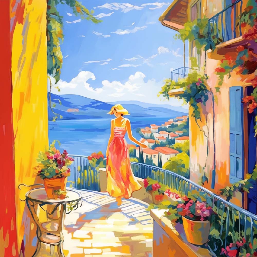 Femme en Vacances dans une Ville Côtière Broderie Diamant