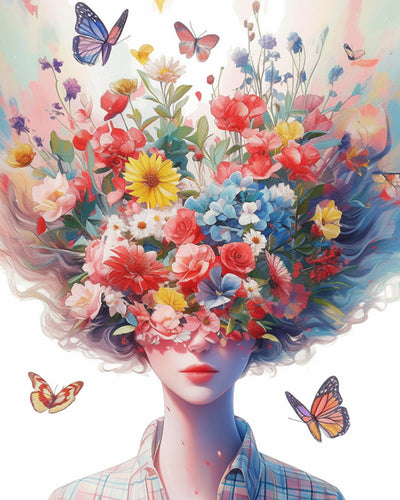 Femme, Fleurs et Papillons Broderie Diamant