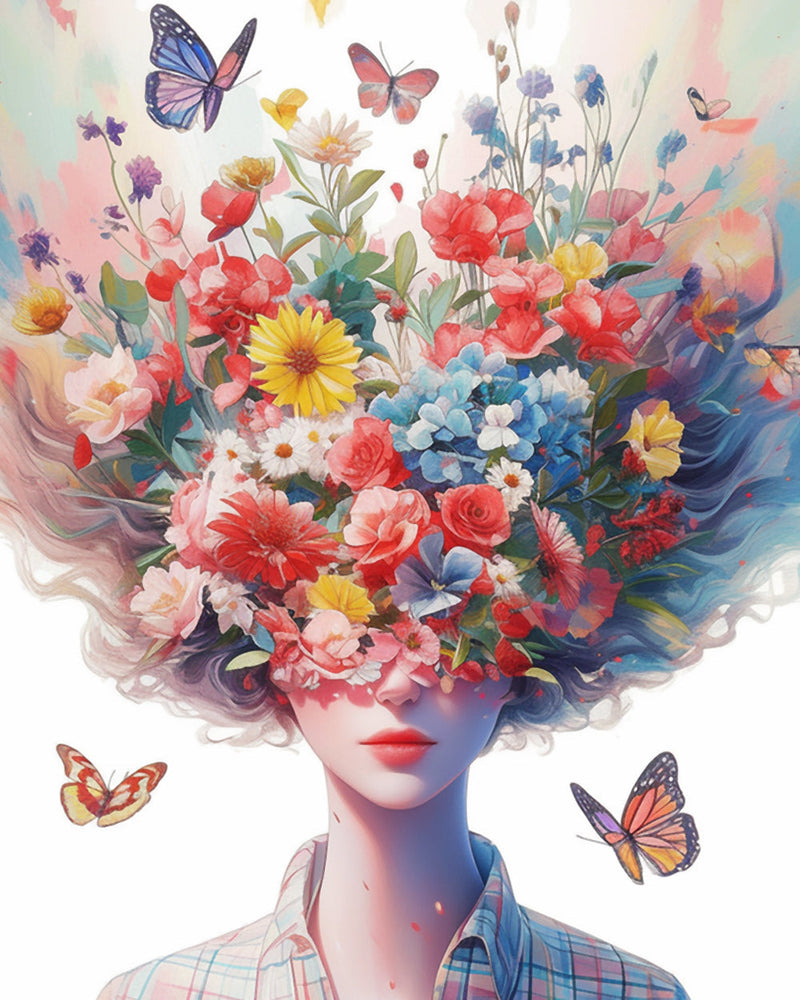 Femme, Fleurs et Papillons Broderie Diamant