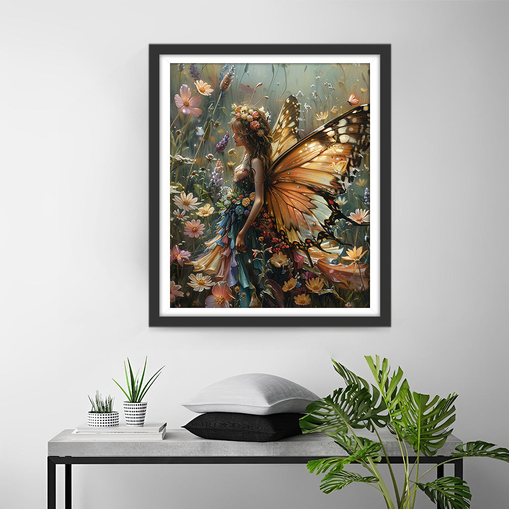 Femme Papillon dans les Fleurs Broderie Diamant