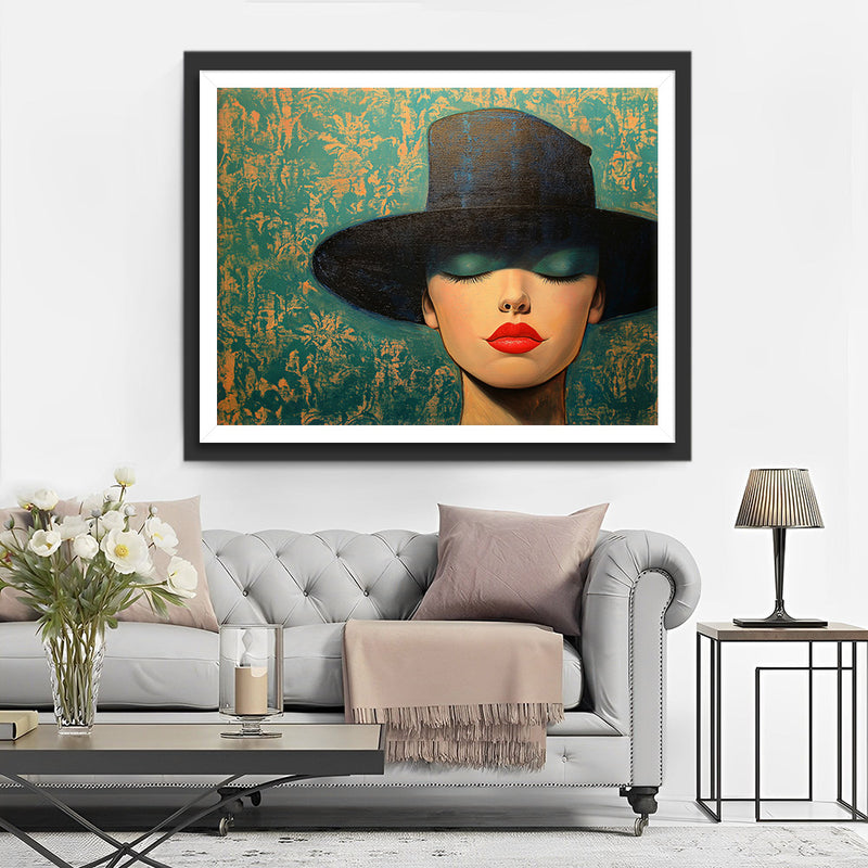 Femme Portant un Chapeau Noir et du Fard à Paupières Vert Broderie Diamant