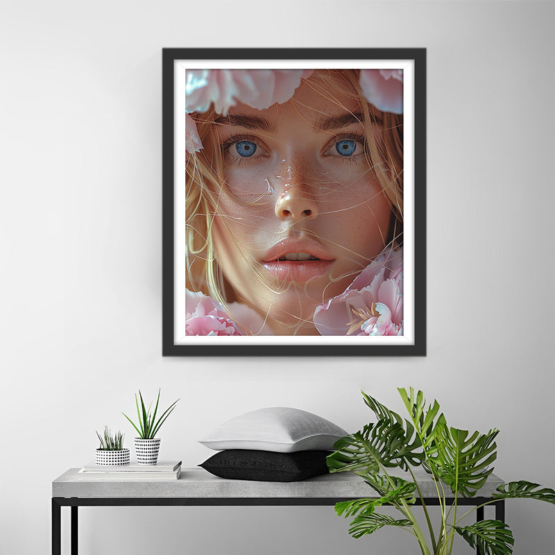 Femmes aux Yeux Bleus et Fleurs Roses Broderie Diamant
