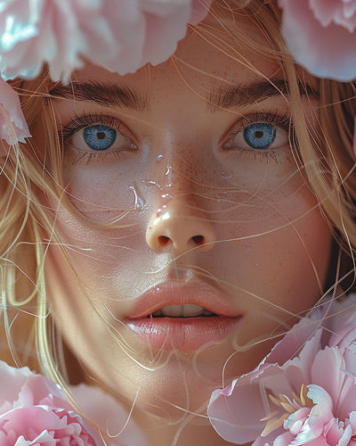 Femmes aux Yeux Bleus et Fleurs Roses Broderie Diamant