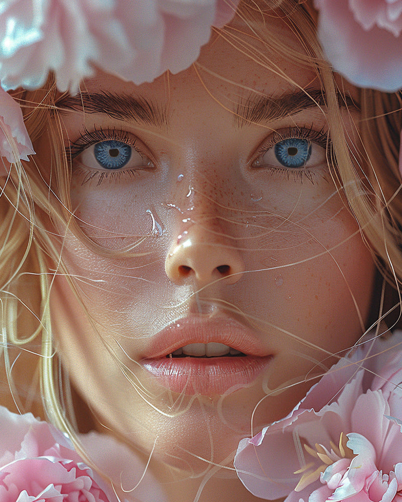 Femmes aux Yeux Bleus et Fleurs Roses Broderie Diamant