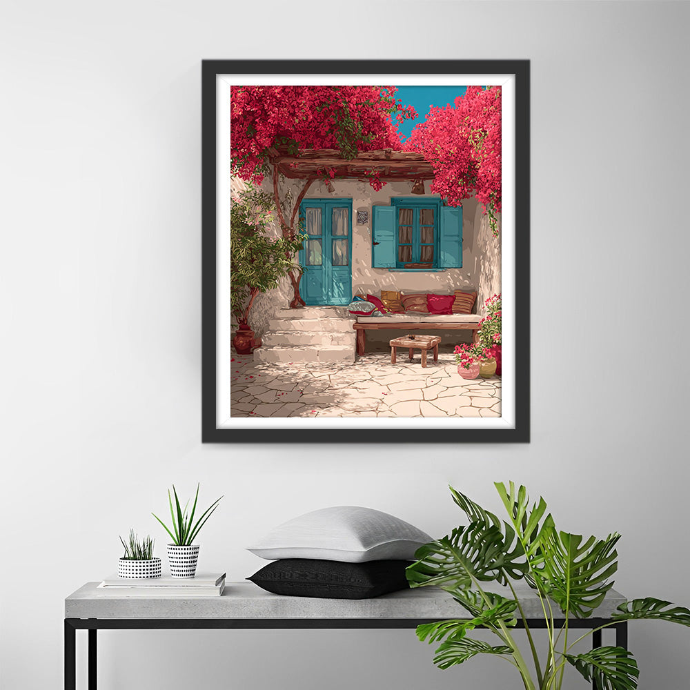 Ferme et Arbres à Fleurs Rouges Broderie Diamant