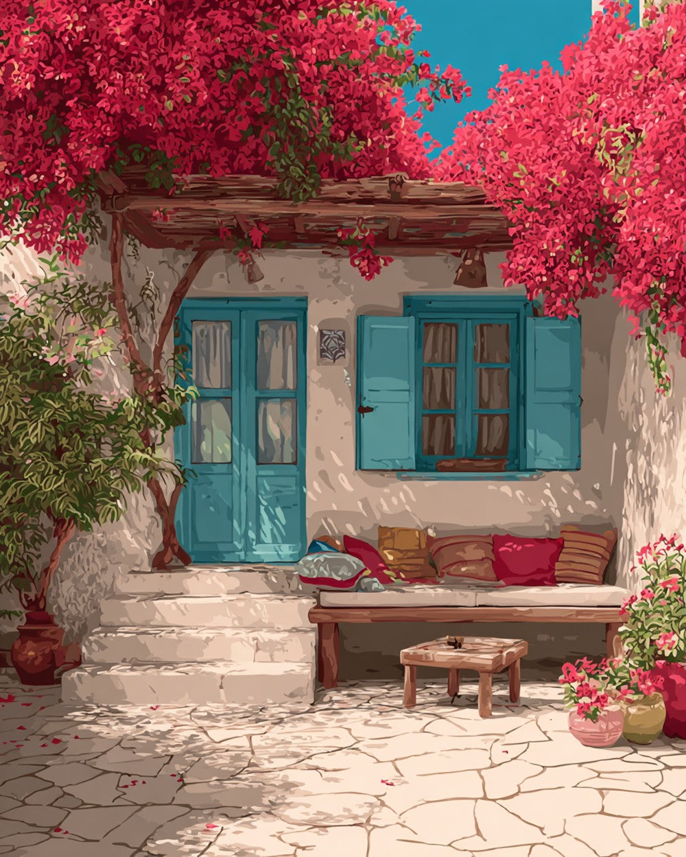 Ferme et Arbres à Fleurs Rouges Broderie Diamant