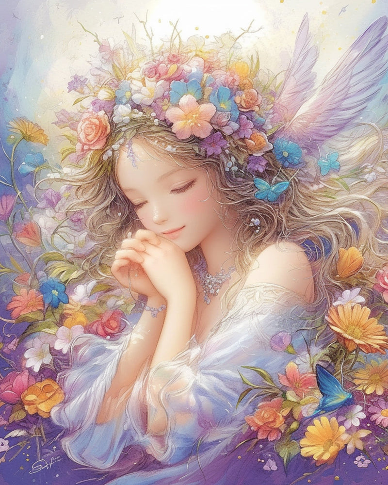 Fille Ange et Fleurs Broderie Diamant