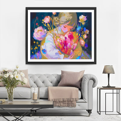 Fille Avec Bouquet de Fleurs en Forme de Cœur Broderie Diamant