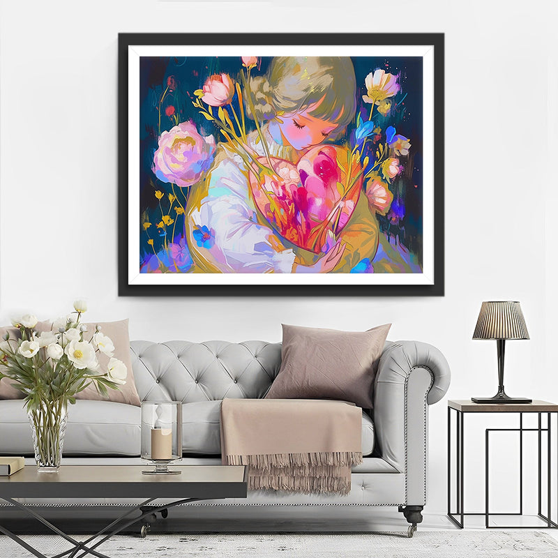 Fille Avec Bouquet de Fleurs en Forme de Cœur Broderie Diamant