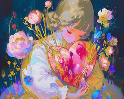 Fille Avec Bouquet de Fleurs en Forme de Cœur Broderie Diamant