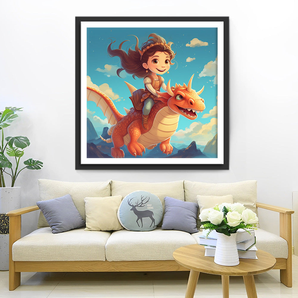 Fille Chevauchant un Dinosaure Broderie Diamant