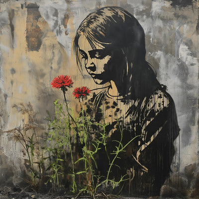 Fille en Graffiti et Fleurs Rouges Broderie Diamant