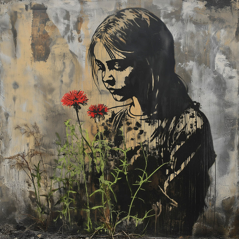 Fille en Graffiti et Fleurs Rouges Broderie Diamant