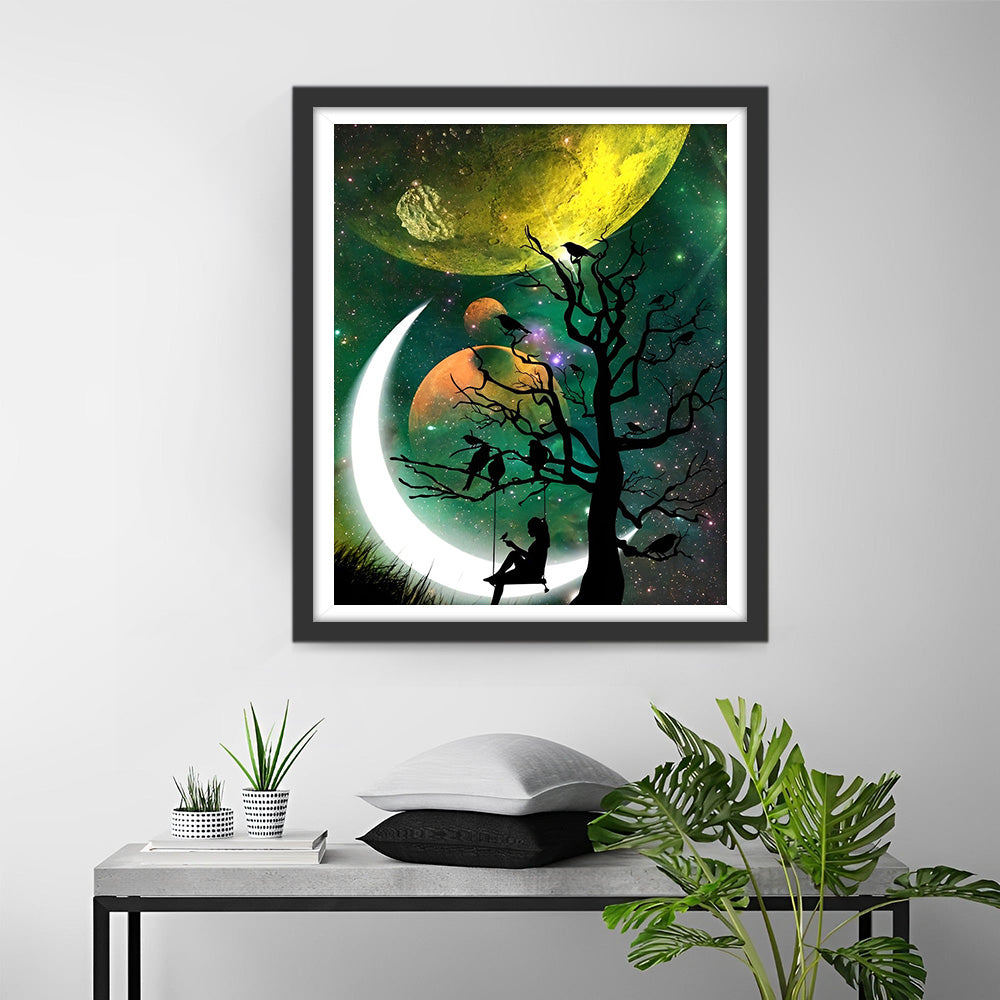 Fille et Lune sous les Planètes Broderie Diamant