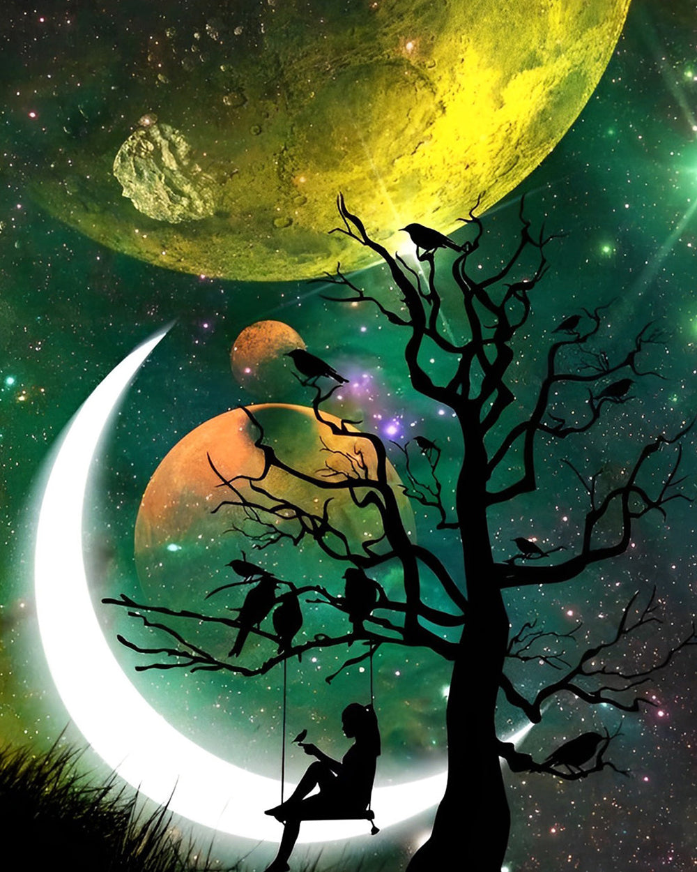 Fille et Arbre sous les Planètes Broderie Diamant