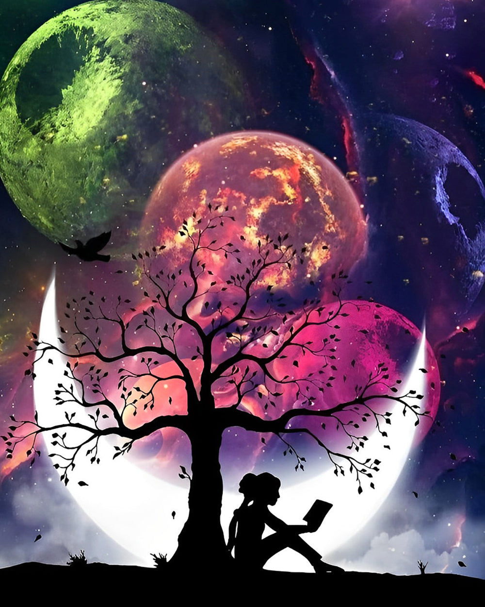 Fille et Lune sous les Planètes Broderie Diamant