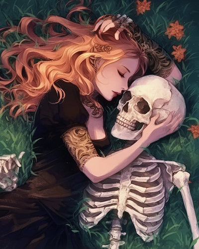 Fille et Squelette Allongés sur l'Herbe Broderie Diamant