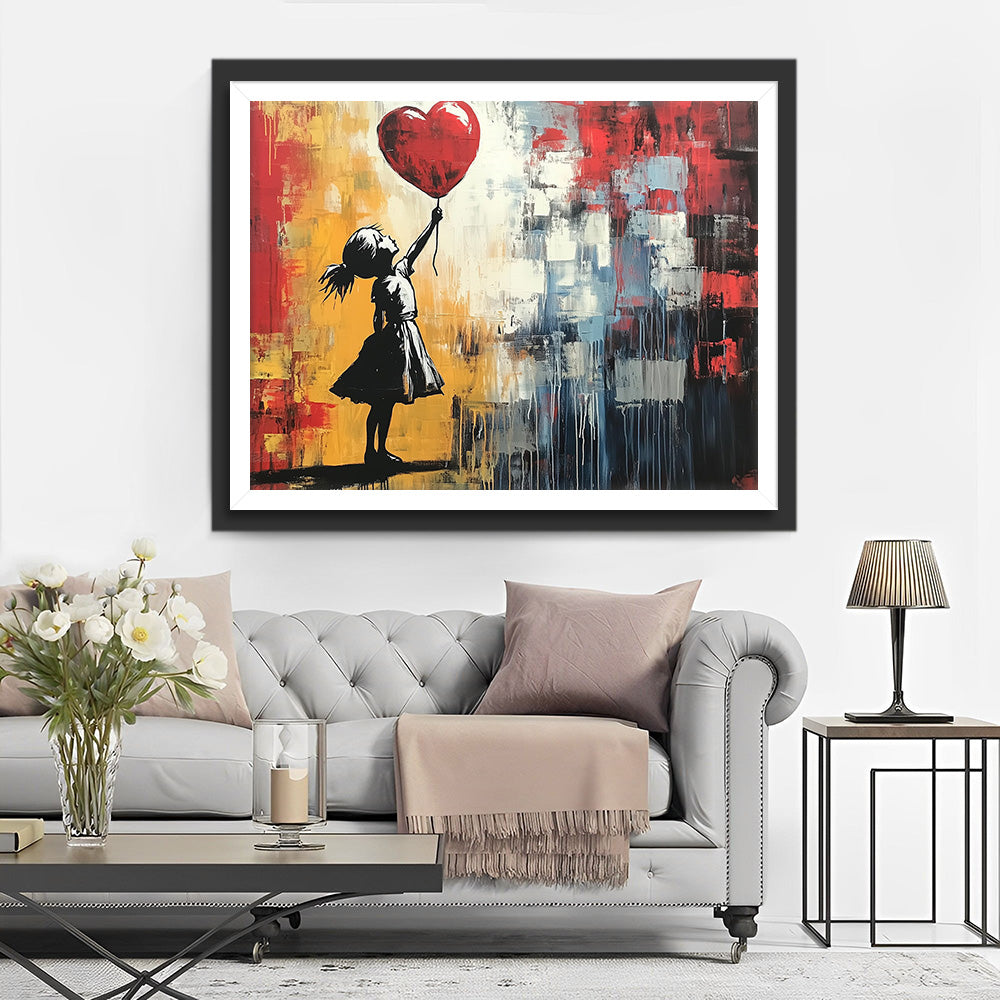 Fille Graffiti et un Ballon en Forme de Cœur Rouge Broderie Diamant