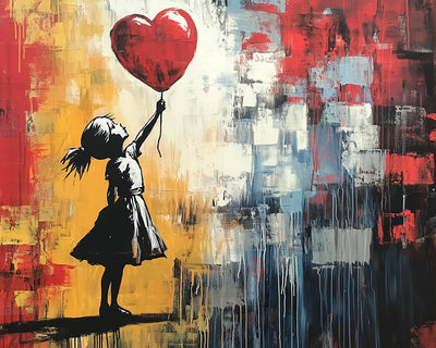 Fille Graffiti et un Ballon en Forme de Cœur Rouge Broderie Diamant