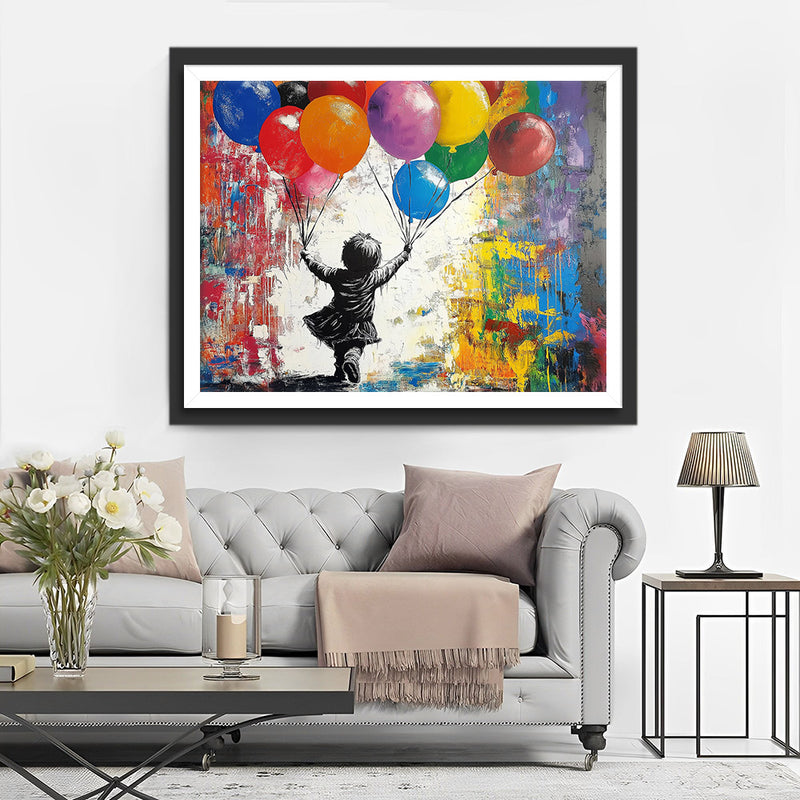 Fille Graffiti Tenant des Ballons Colorés Broderie Diamant