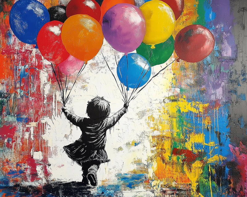 Fille Graffiti Tenant des Ballons Colorés Broderie Diamant