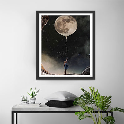 Fille, Lune et Ballon Broderie Diamant