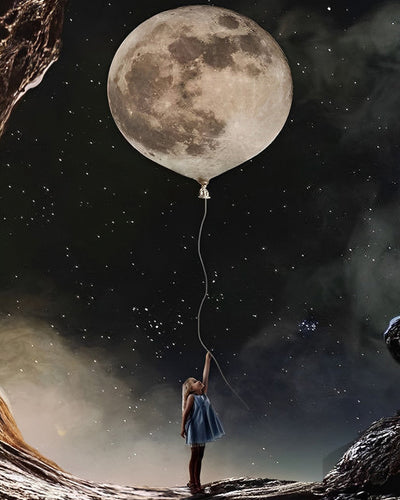 Fille, Lune et Ballon Broderie Diamant