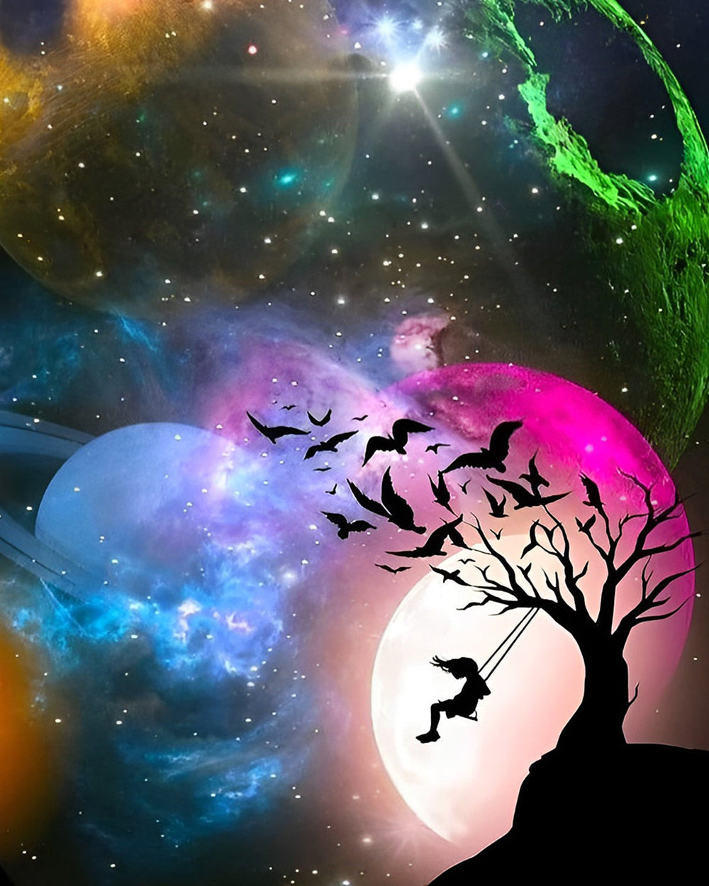 Fille sur une Balancoire sous les Planètes Broderie Diamant