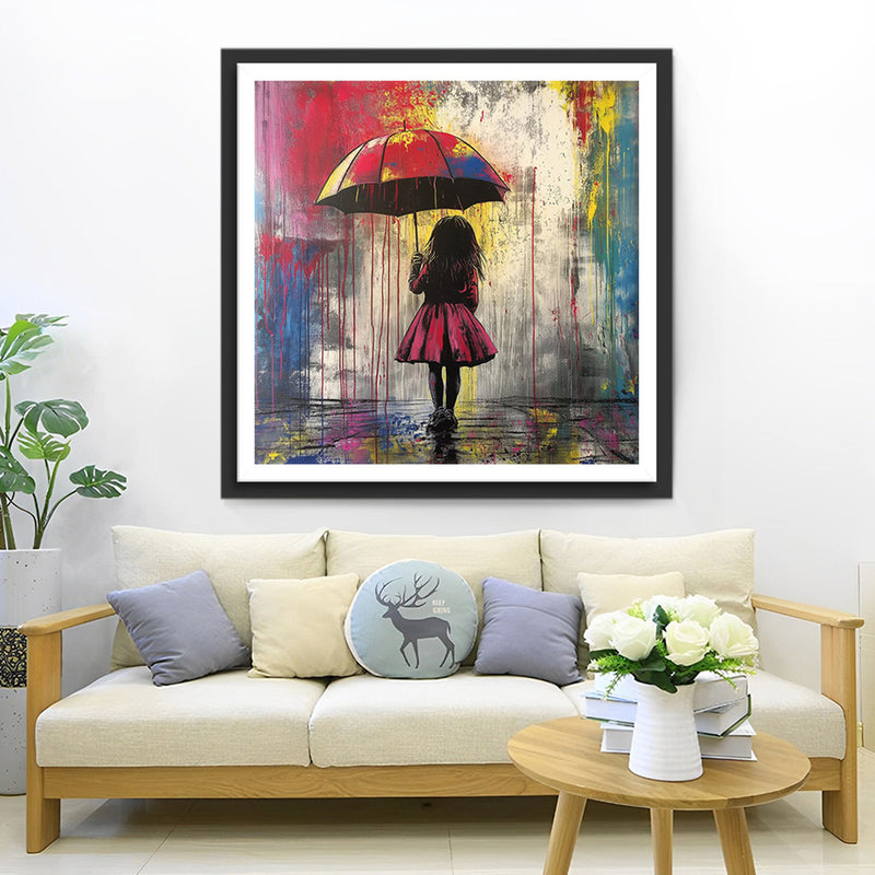 Fille Tenant un Parapluie en Graffiti Broderie Diamant